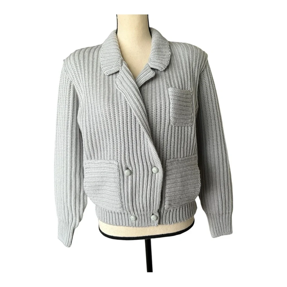 Vintage 80s Sterling Harris Gray Double-Breasted Ribbed Knit Cardigan Size M